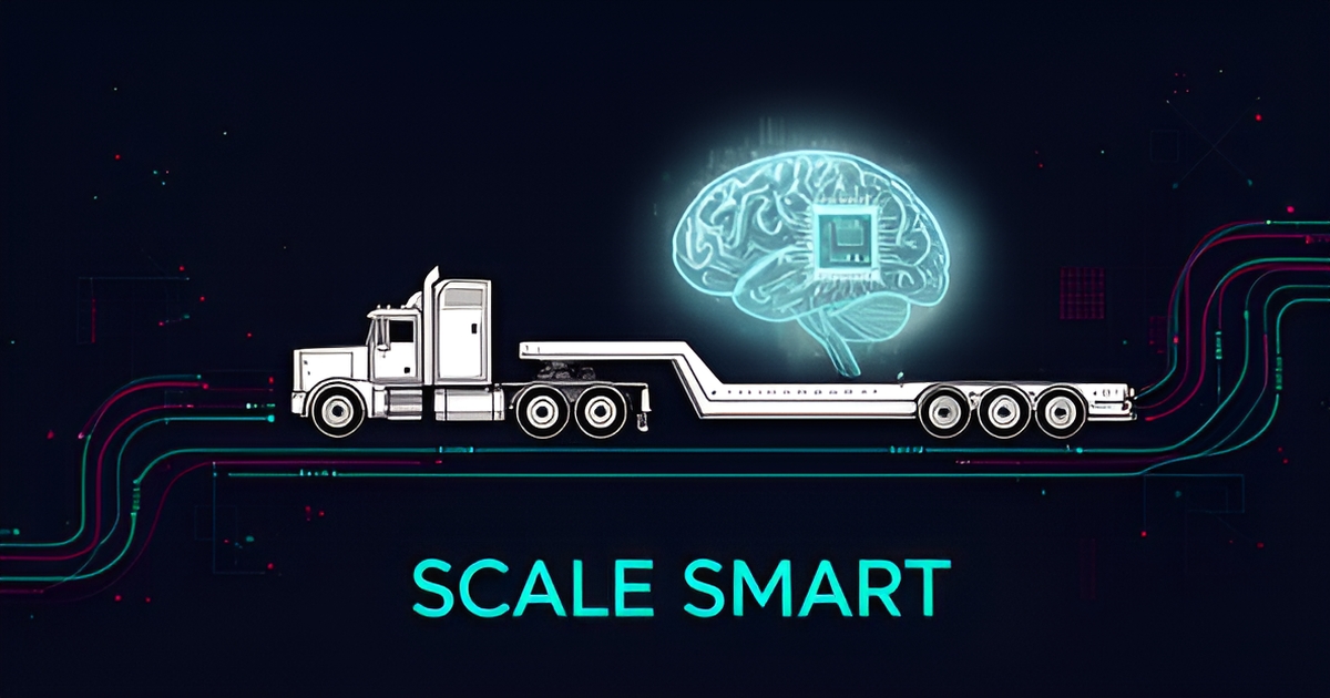 Flat illustration of a heavy haul truck carrying a glowing AI module along branching route lines in teal and magenta with the headline Scale Smart.