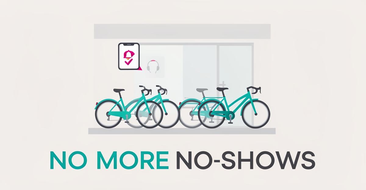 Flat illustration of rental bikes and a smartphone with notification alert, symbolizing AI receptionist reminders that cut no-shows at bike rental companies.