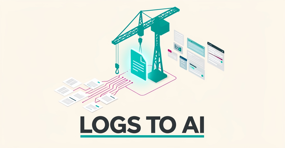 Flat illustration of a teal crane transforming scattered paper job logs into organized digital data streams with magenta accents.