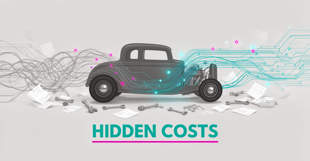 Flat illustration of a hot rod in a garage with tangled manual workflow lines transforming into glowing AI digital streams, accented in teal and magenta.