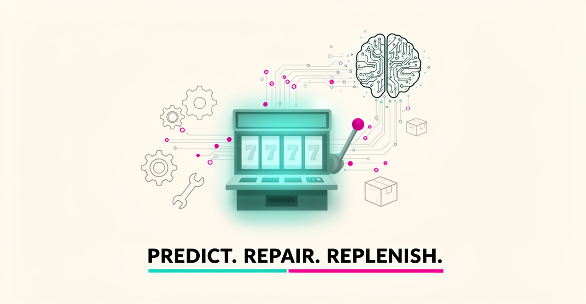 Flat illustration of a slot machine streaming telemetry data to an AI node that predicts maintenance and automates parts replenishment.