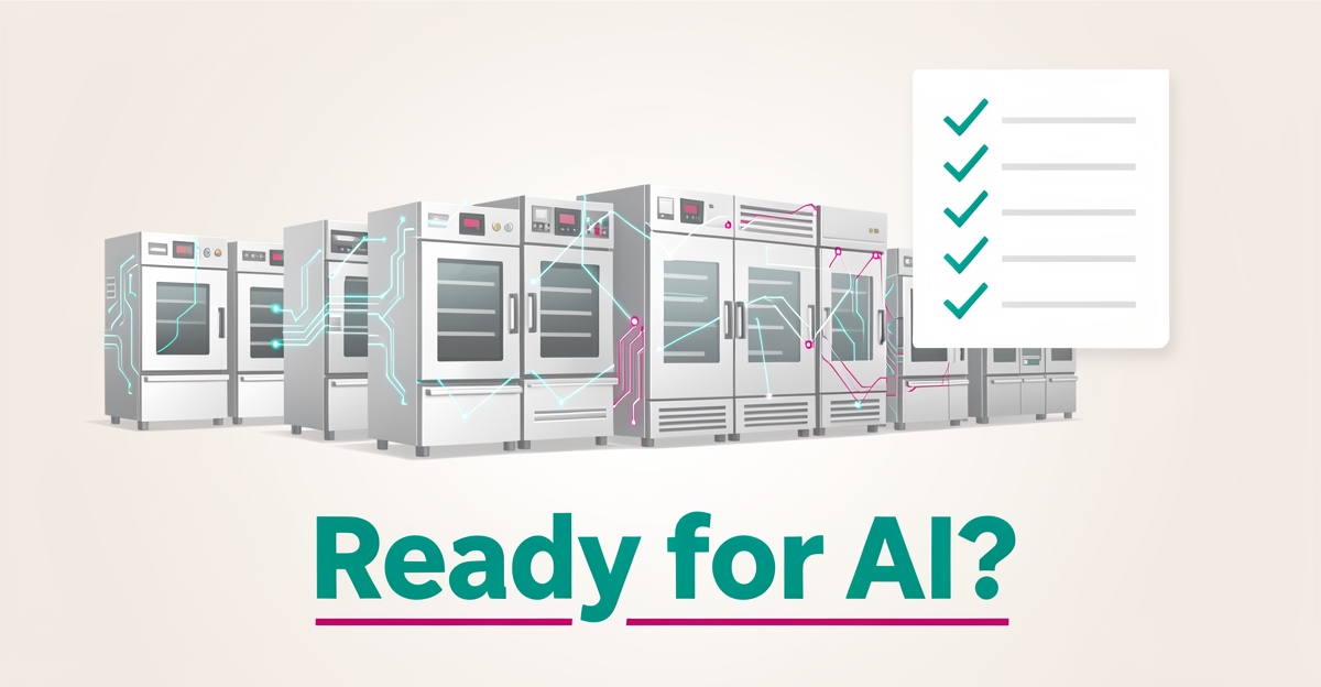 Flat illustration of restaurant equipment with glowing AI circuit lines and a checklist motif, headlined Ready for AI?
