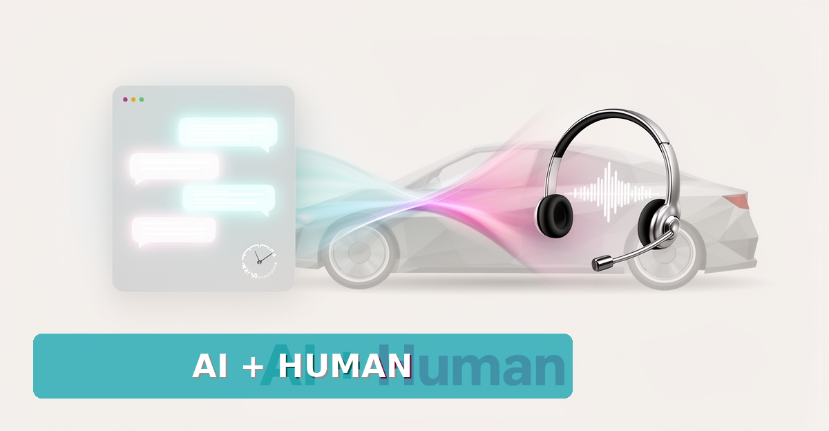 Flat illustration of a chatbot interface and headset icon connected by a glowing bridge over an abstract import car, with AI + Human headline.