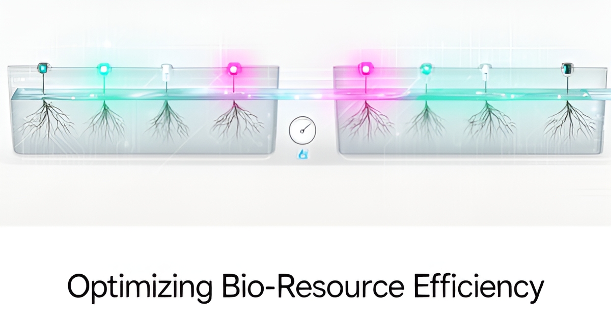 Flat illustration of AI sensors monitoring water flow around hydroponic plant roots in teal and magenta accents.