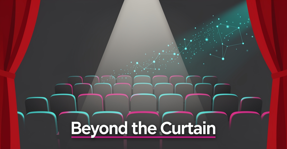 Flat illustration of an empty theater stage with AI data particles reaching vacant seats, headlined Beyond the Curtain.