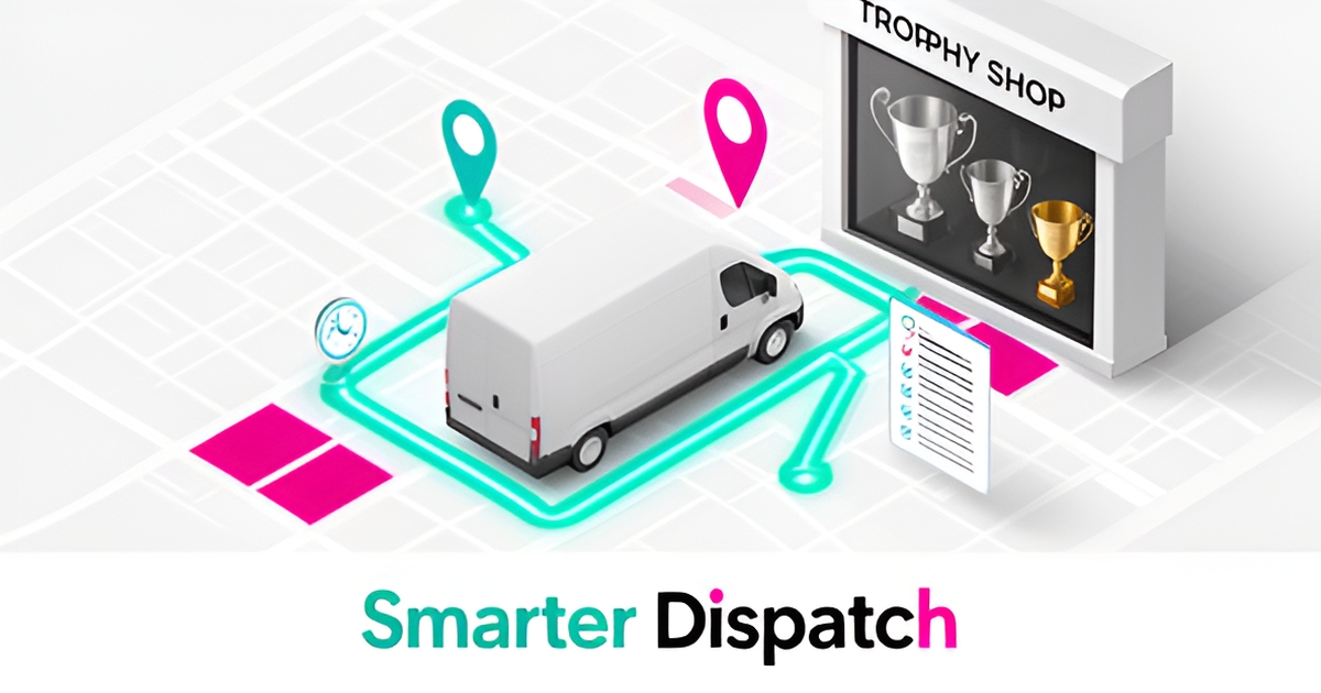 Flat illustration of an AI-optimized delivery route connecting a trophy shop to city destinations, with tracking icons and a 'Smarter Dispatch' headline.