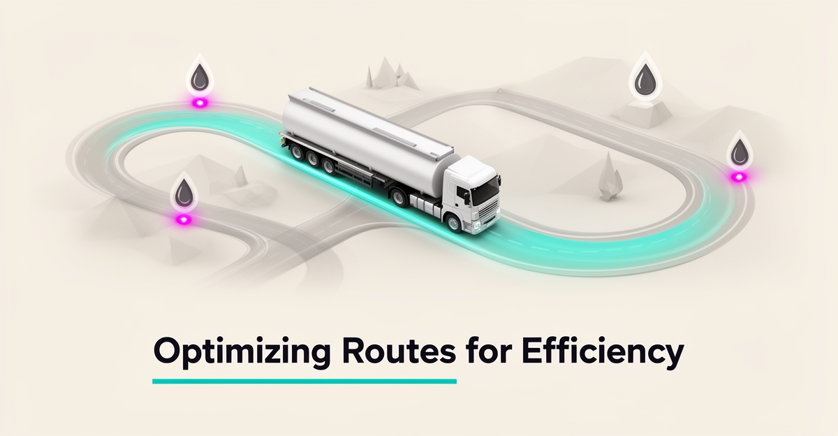 Flat illustration of a tanker truck on a glowing optimized route with faded alternate paths, accented in teal and magenta.