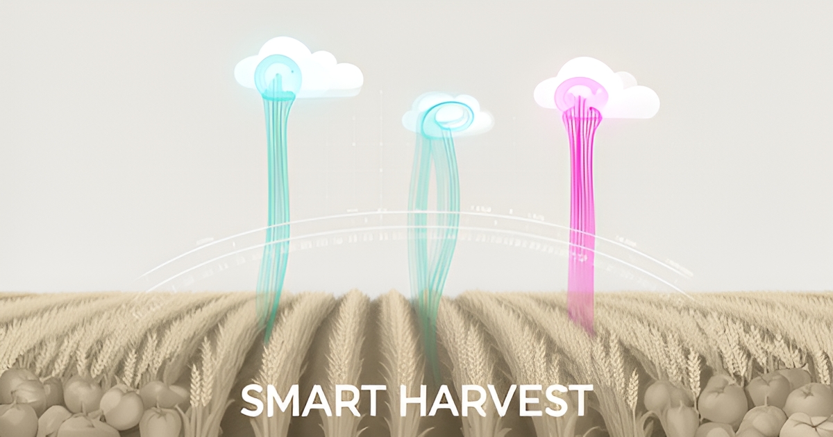 Flat illustration of AI-driven farmland with data signals and a 14-day scheduling timeline, accented in teal and magenta, with the headline Smart Harvest.