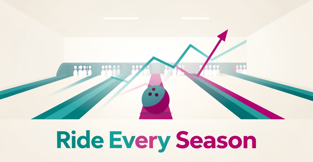 Flat illustration of a bowling alley with a forecasting line graph, accented in teal and magenta, headline reading Ride Every Season.