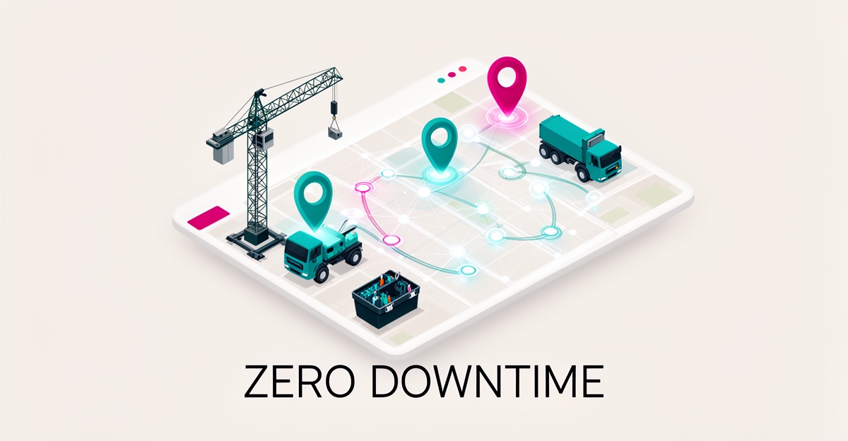 Flat illustration of an AI dispatch dashboard connecting equipment to job sites with teal and magenta accents, headlined Zero Downtime.