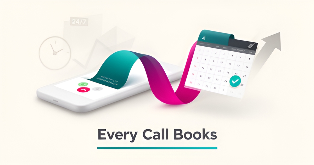 Flat illustration of an incoming phone call converting into a booked calendar appointment, symbolizing AI-powered lead generation and 24/7 service booking.