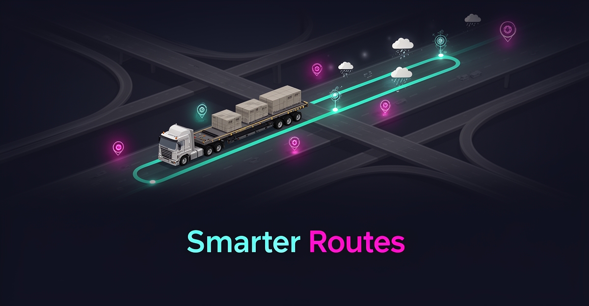 Flat illustration of a heavy haul truck on an AI-optimized highway route with glowing data checkpoints in teal and magenta.
