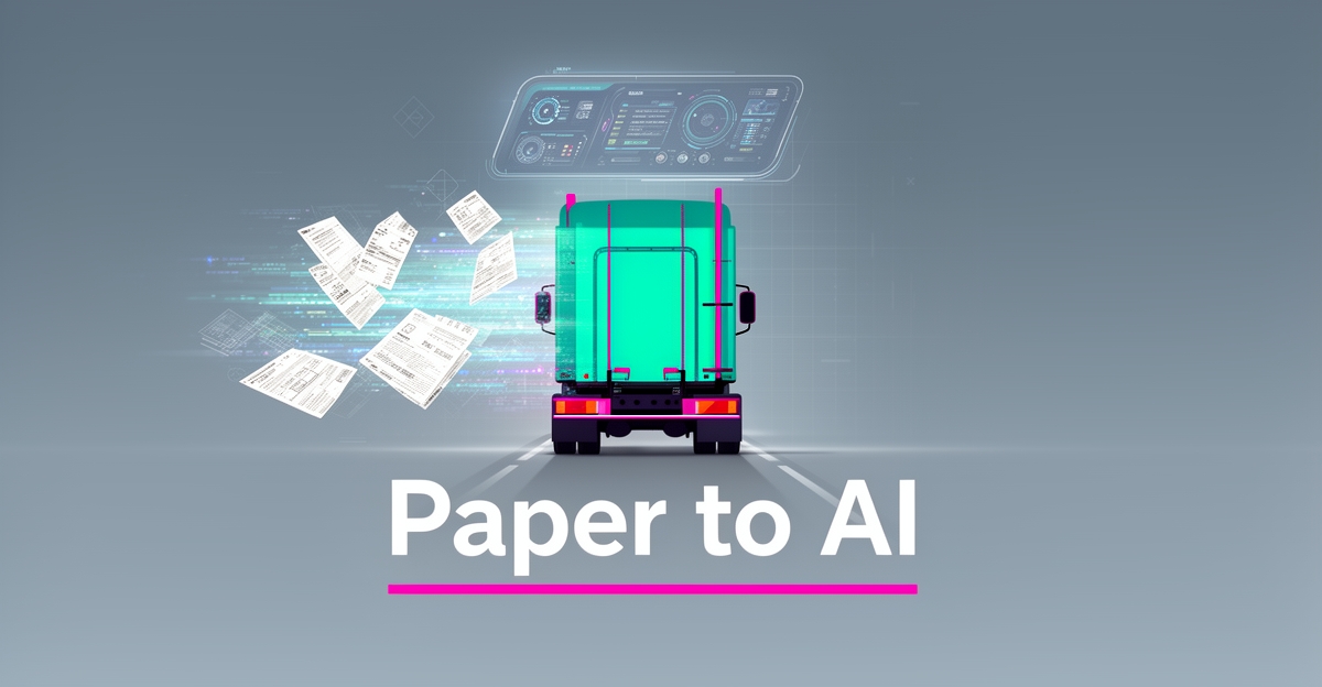 Flat illustration of a teal truck on a highway with paper permits transforming into digital AI data streams, headline reading Paper to AI.