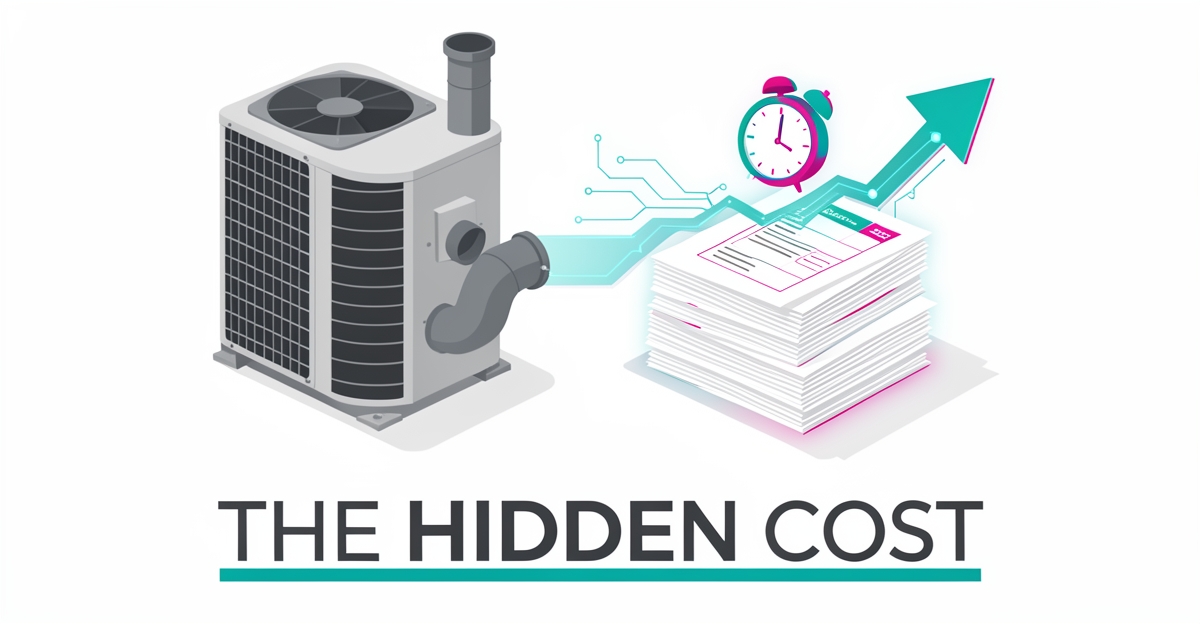 Flat illustration of HVAC parts and paperwork with a clock and AI circuit lines, highlighting the hidden cost of manual order entry.