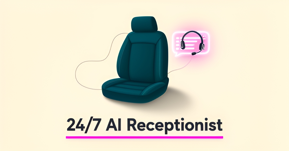 Flat illustration of a teal car seat linked to an AI chat icon, representing a 24/7 AI receptionist for upholstery shops.