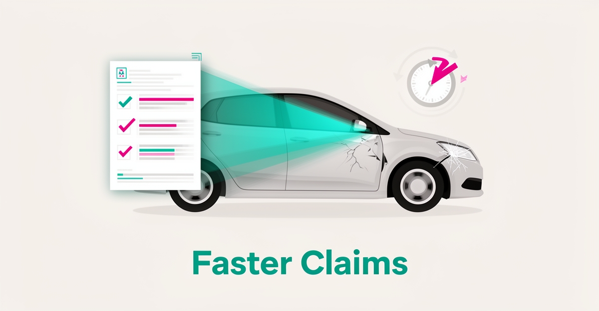 Flat illustration of AI scanning a damaged car and generating a digital claims report, with headline reading Faster Claims.