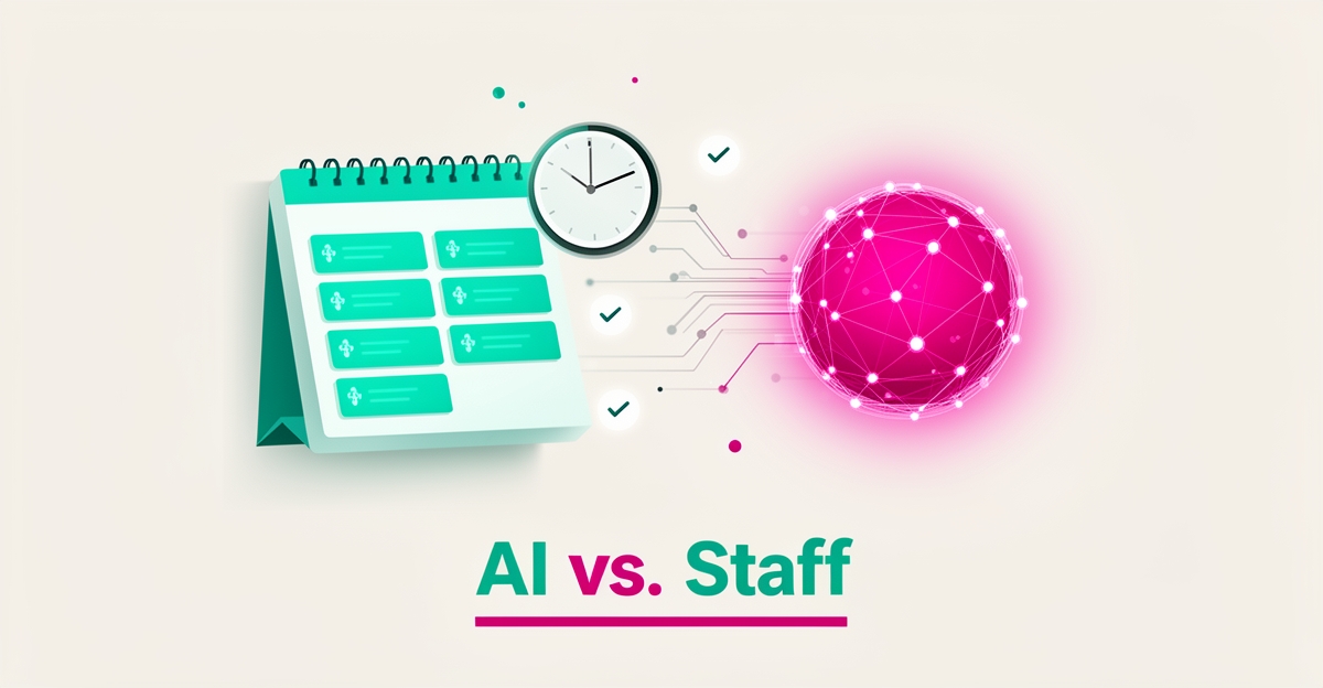 Flat illustration of a calendar booking interface connected to an AI network sphere, comparing AI employees with in-house staff.