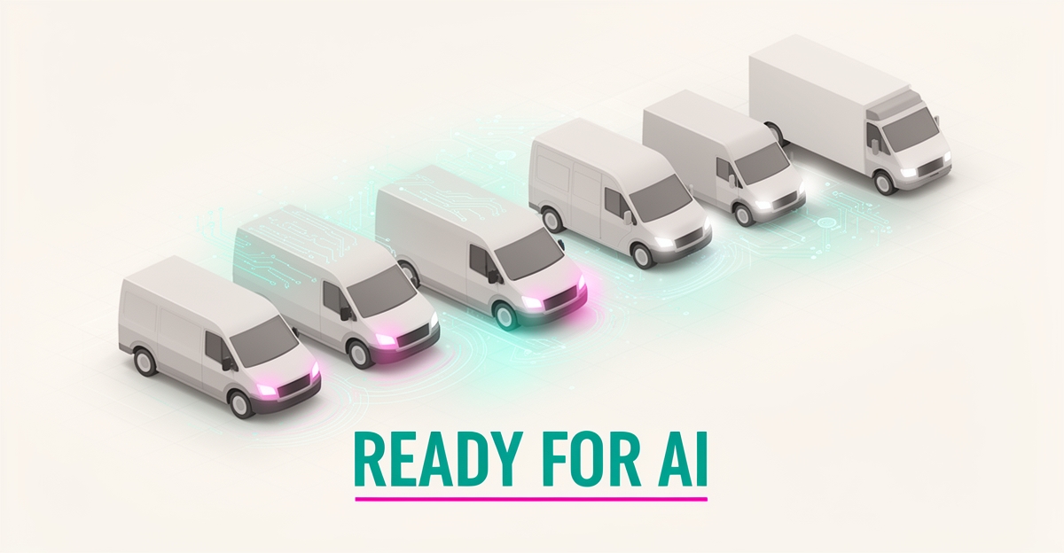 Flat illustration of a fleet of vans connected by glowing AI data lines, with headline reading Ready for AI.