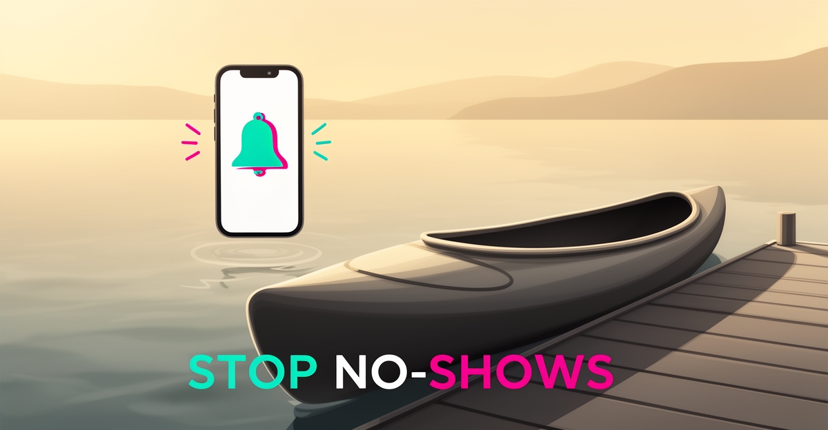 Flat illustration of an empty kayak on a dock beside a phone with reminder notifications, headline reading Stop No-Shows.