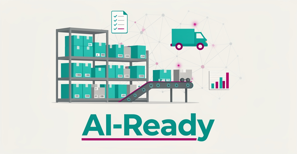 Flat illustration of a medical supply warehouse with teal and magenta AI network accents and the headline AI-Ready.
