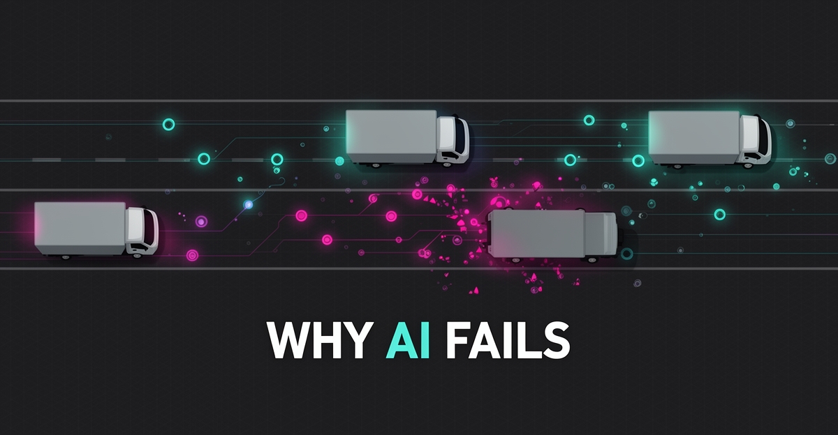 Flat illustration of fleet trucks connected by broken glowing data lines symbolizing failed AI integration, with headline Why AI Fails.