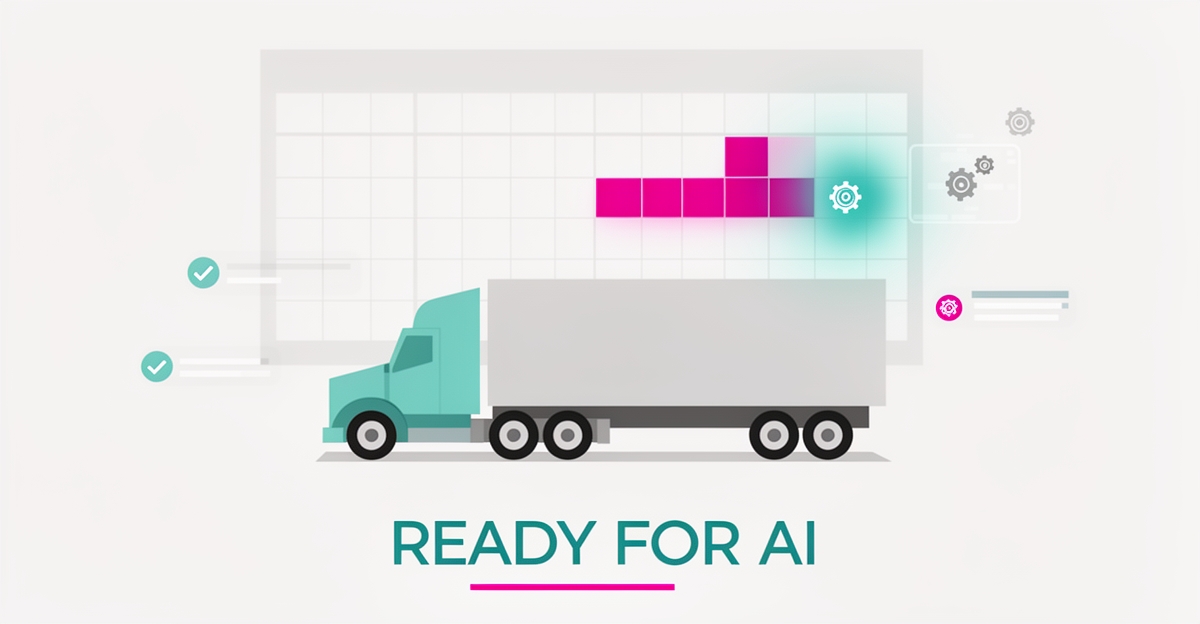 Flat illustration of a training truck beside a calendar with AI scheduling elements, symbolizing modern class management for CDL schools.