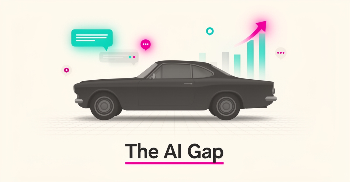 Flat illustration of a classic car surrounded by glowing AI engagement icons in teal and magenta, titled The AI Gap.