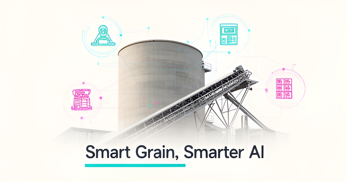 Flat illustration of a grain elevator connected by glowing teal and magenta data lines to weighbridge, SCADA, and inventory systems, with the headline 'Smart Grain, Smarter AI'.