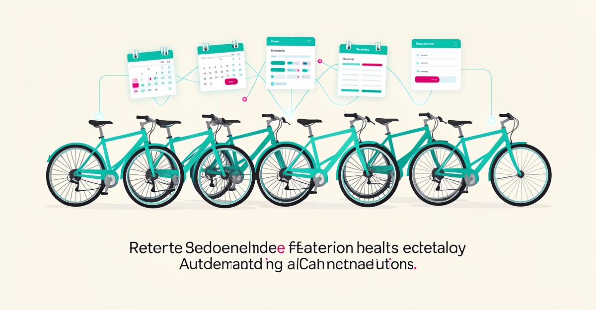 Flat illustration of rental bicycles connected by glowing digital booking lines with teal and magenta accents, headline reading Ready for AI?