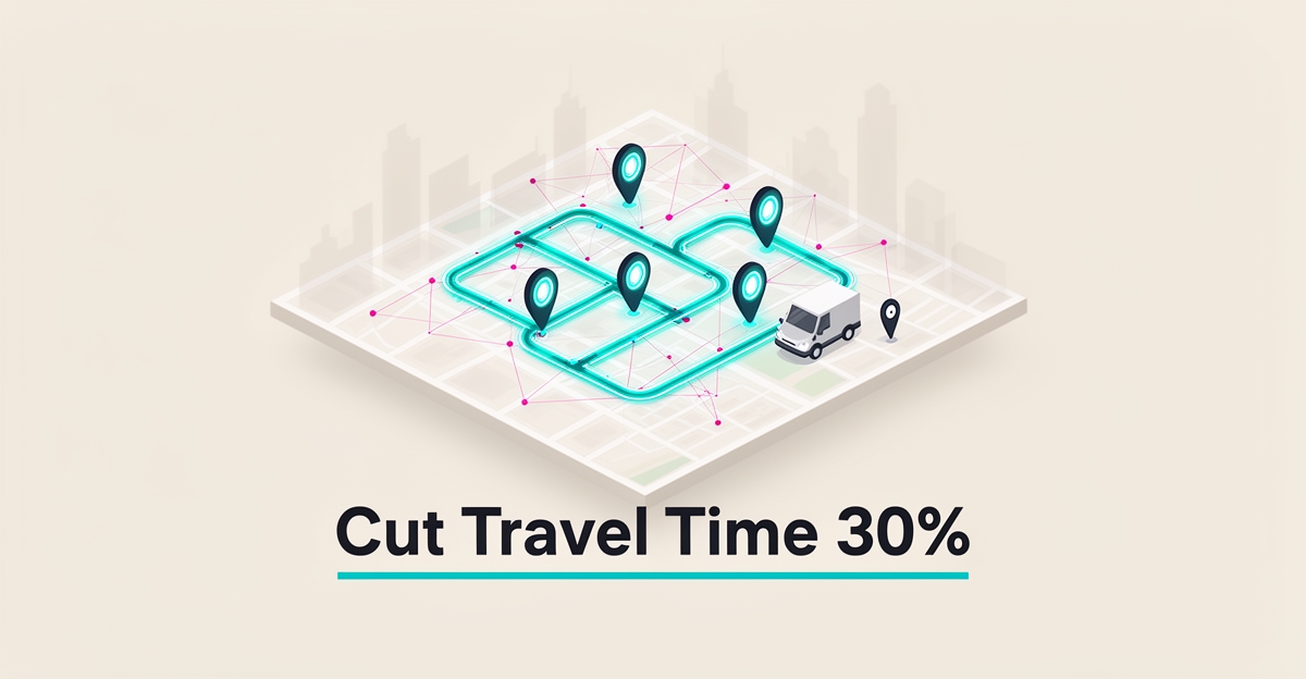 Flat illustration of an optimized city map with glowing teal route lines and location pins representing AI-powered field technician dispatch.