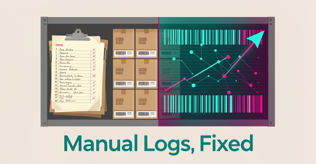 Flat illustration of warehouse inventory shelves transitioning from paper log sheets to AI-powered digital tracking with teal and magenta accents.