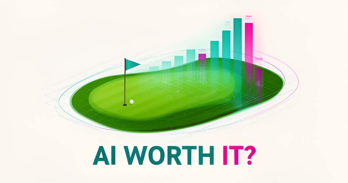 Flat illustration of a golf course overlaid with rising analytics charts in teal and magenta, symbolizing AI-driven ROI for golf clubs.
