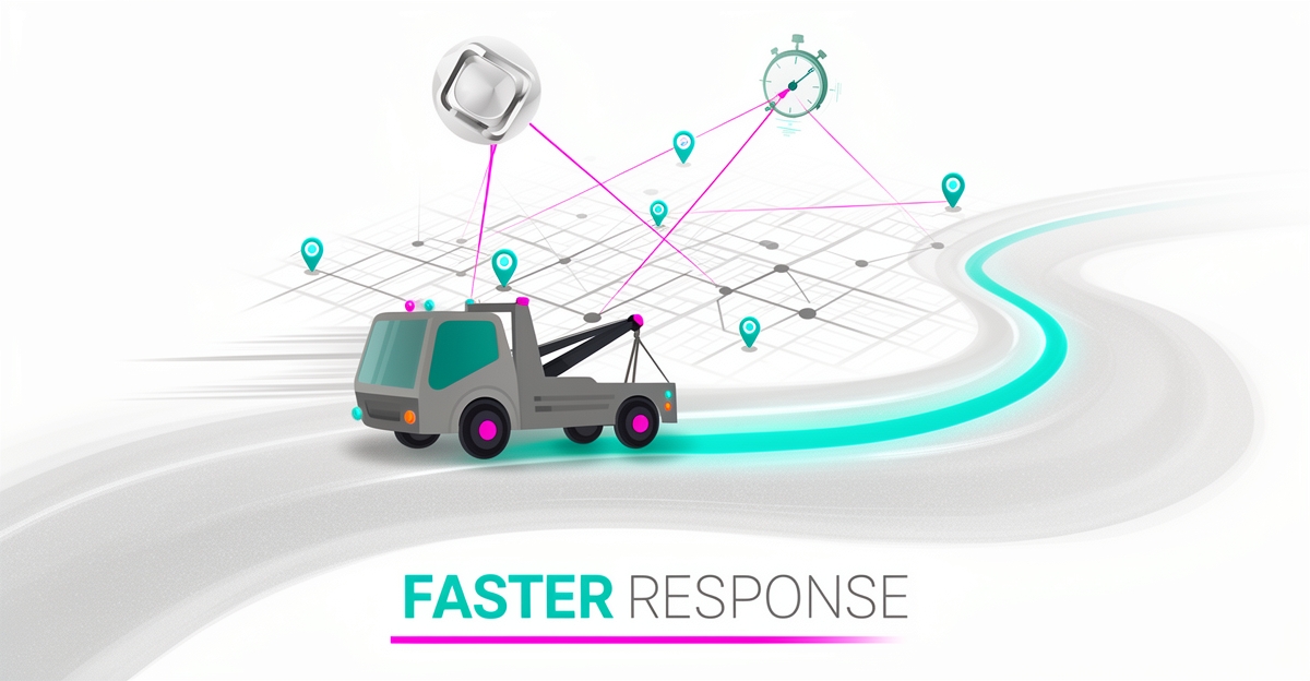 Flat illustration of an AI dispatch hub instantly routing a tow truck across a city map, with the headline Faster Response.