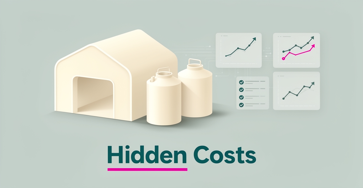 Flat illustration of a dairy barn with digital monitoring dashboards and rising cost arrows, titled Hidden Costs.