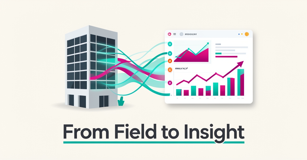Flat illustration of a commercial building transforming into AI-driven energy dashboards with teal and magenta data streams.