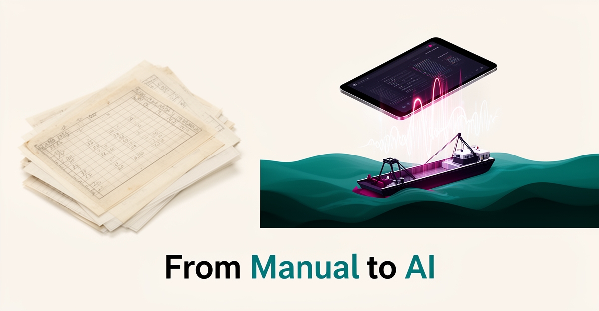 Flat illustration of paper dredging logs transforming into AI-powered digital field data on a tablet beside a dredging barge.