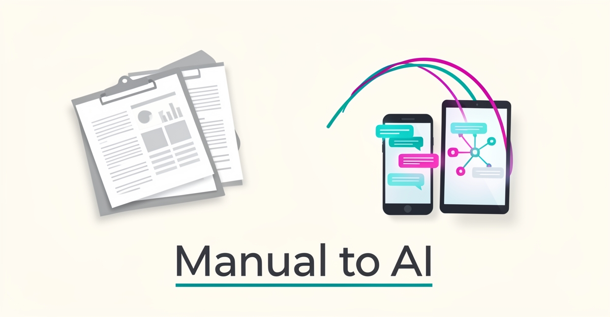 Flat illustration of a skincare clinic desk transitioning from paper charts to a glowing tablet with AI chat workflow lines in teal and magenta.