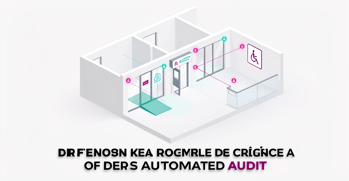 Flat illustration of an accessible real estate office floor plan with AI audit scan highlights in teal and magenta accents.