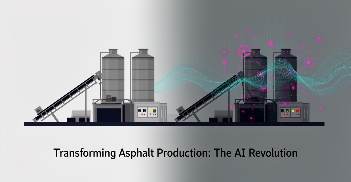 Flat illustration of an asphalt plant transitioning from manual operations to AI-driven automation with teal and magenta data overlays.