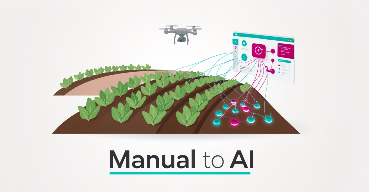 Flat illustration of organic farm fields with drone and data sensor lines in teal and magenta, headlined Manual to AI.
