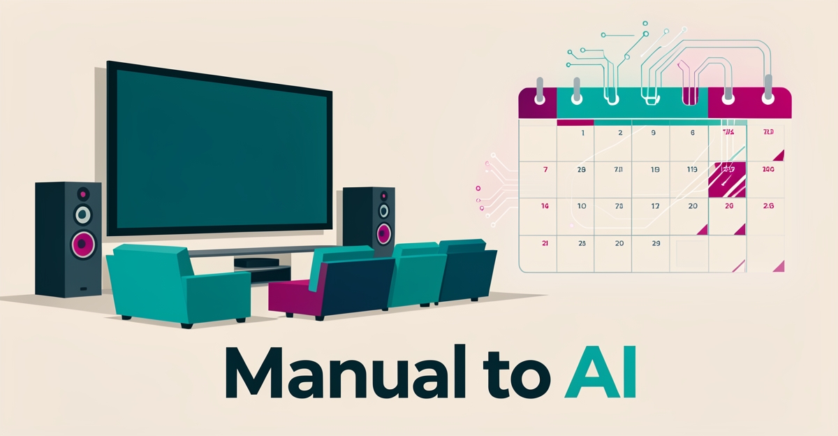 Flat illustration of a home theater with a calendar transforming from tangled manual scheduling lines into an organized AI-driven flow.