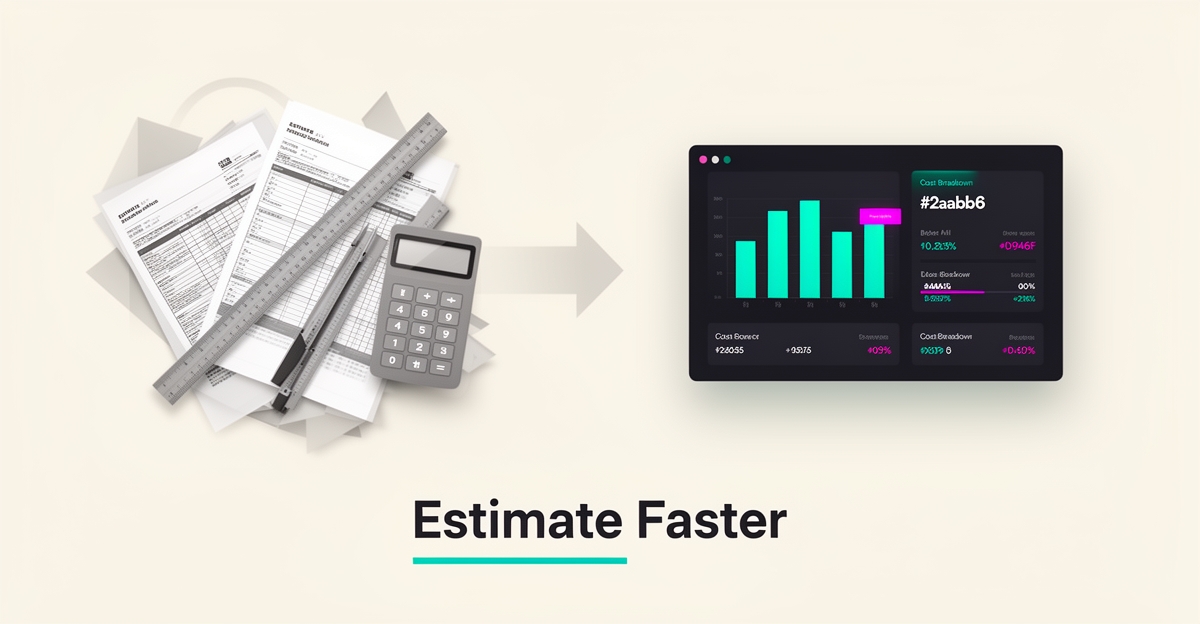 Flat illustration of paper demolition estimates transforming into a digital AI cost dashboard with teal and magenta accents.