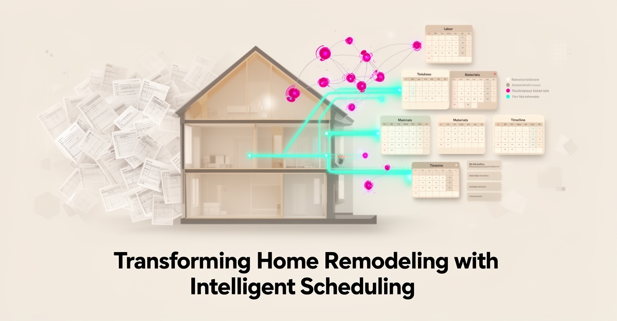 Flat illustration of AI-synced scheduling tiles connecting a remodeling house layout with calendar and timeline elements in teal and magenta.