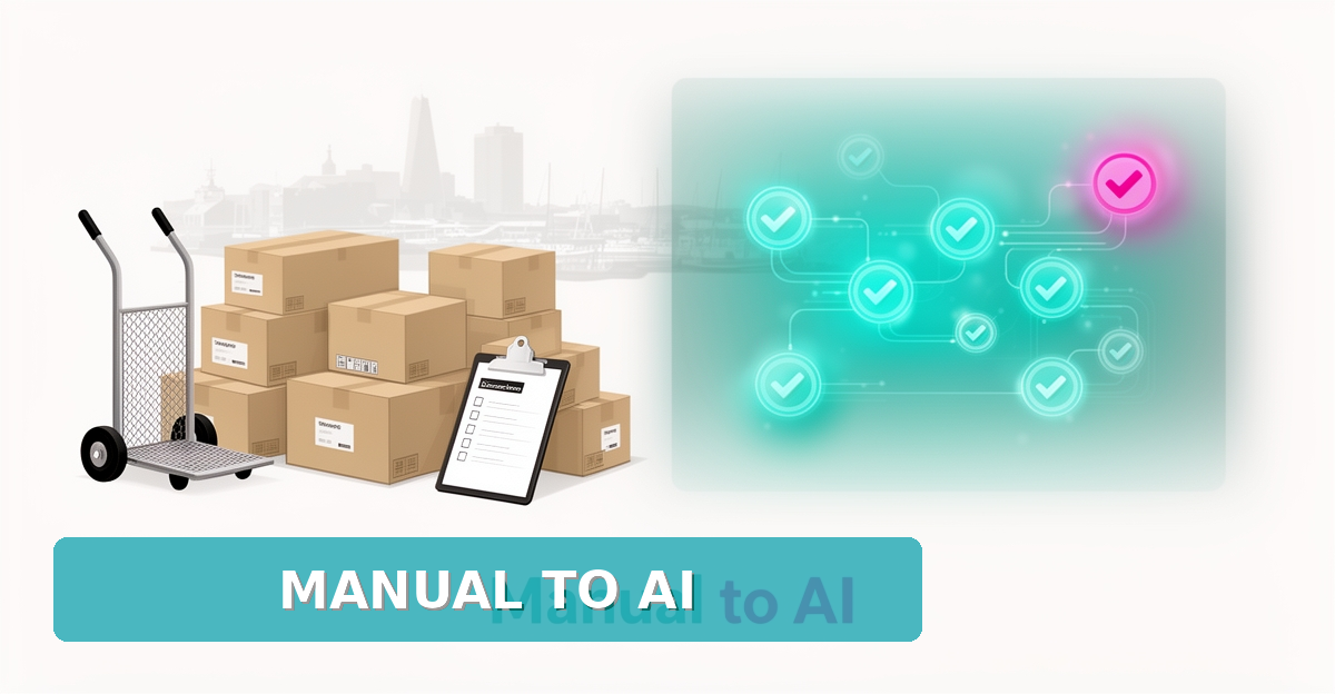 Flat illustration of office moving boxes transforming into a glowing AI workflow dashboard with teal and magenta accents, headline 'Manual to AI'.