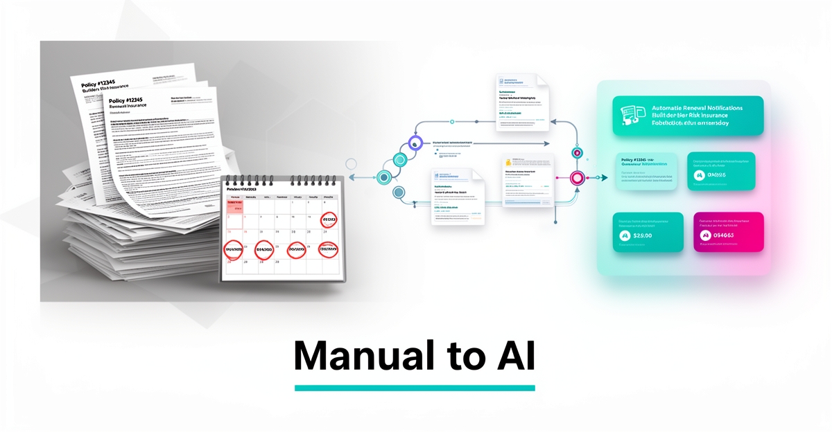 Flat illustration showing paper builders risk policy renewals transforming into an AI-automated digital dashboard with teal and magenta accents.