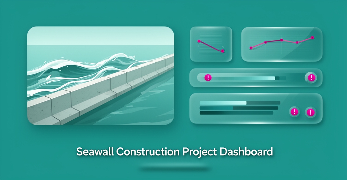 Flat illustration of a seawall project transforming into AI dashboard panels with teal and magenta data accents.