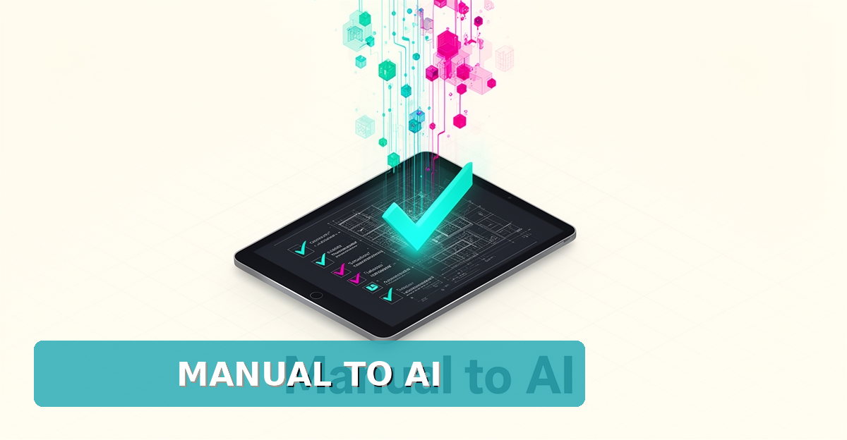 Flat illustration of a tablet with a building blueprint and checklist transitioning into flowing AI data streams in teal and magenta.
