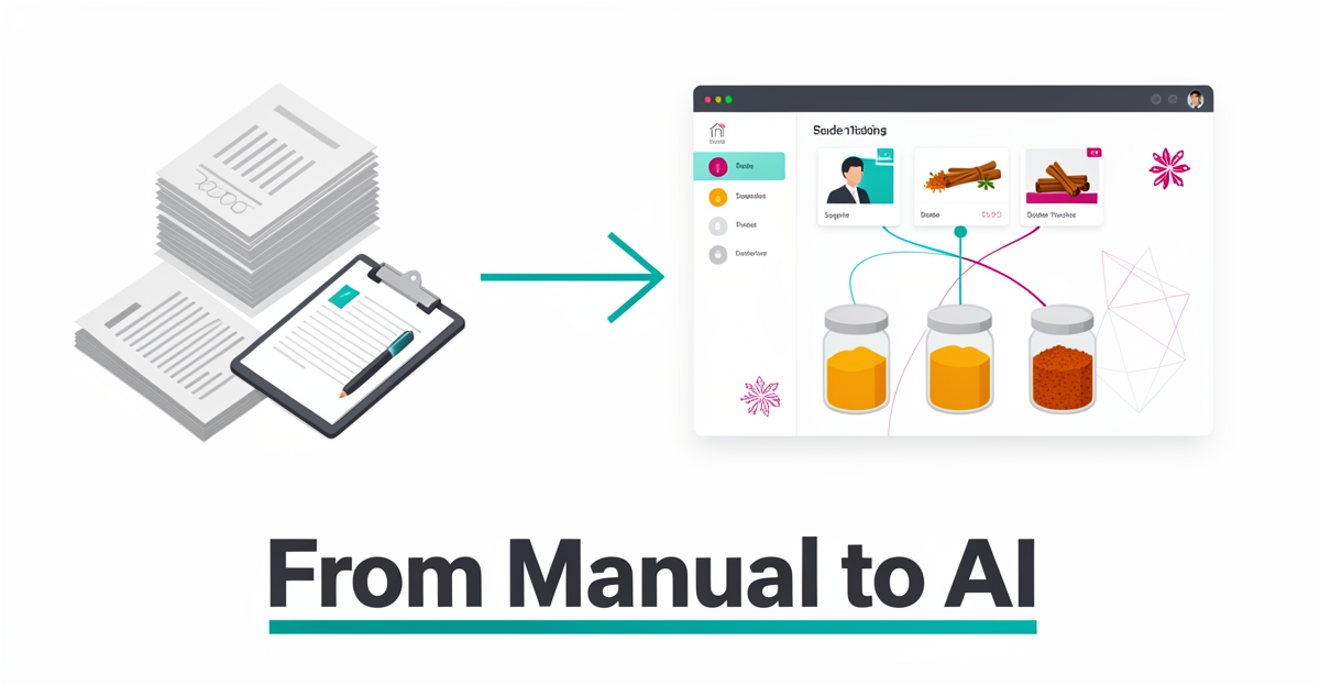 Flat illustration of spice blend procurement shifting from paper documents to an AI-powered digital dashboard, accented in teal and magenta.