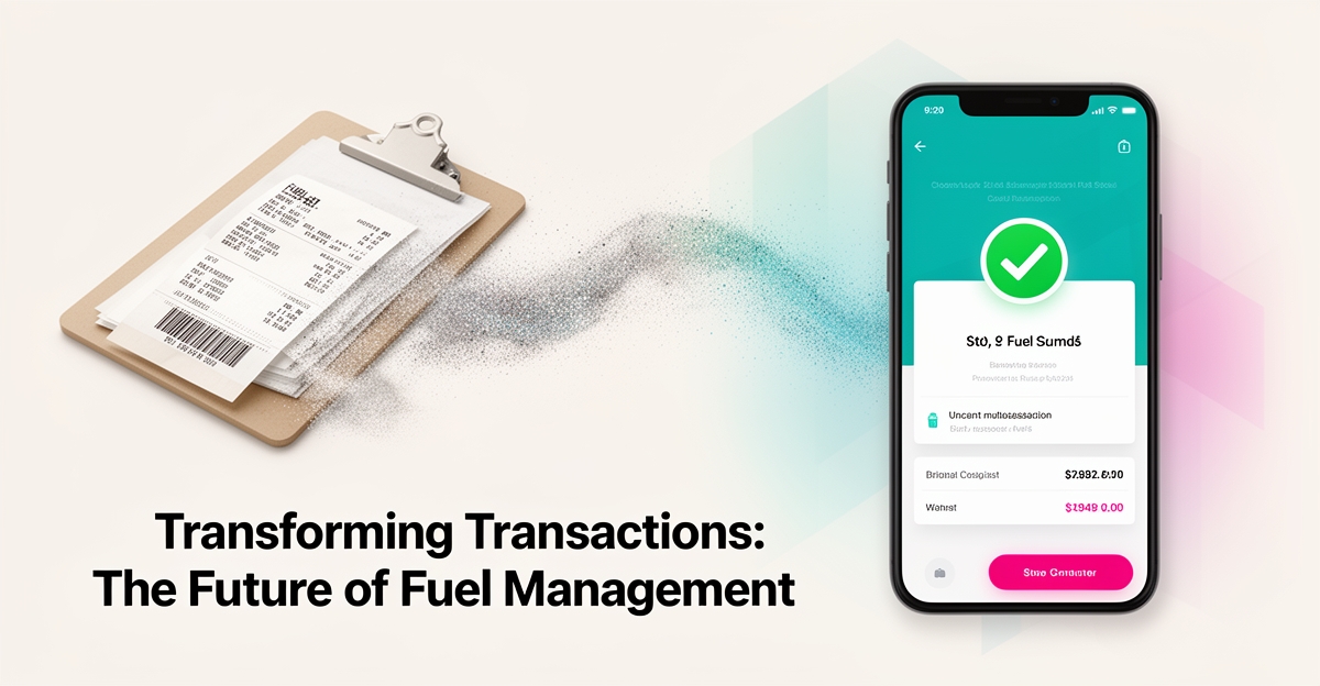 Flat illustration of paper fuel receipts transforming into a digital AI-powered reimbursement dashboard with teal and magenta accents, headline 'Paper to AI' in lower third.