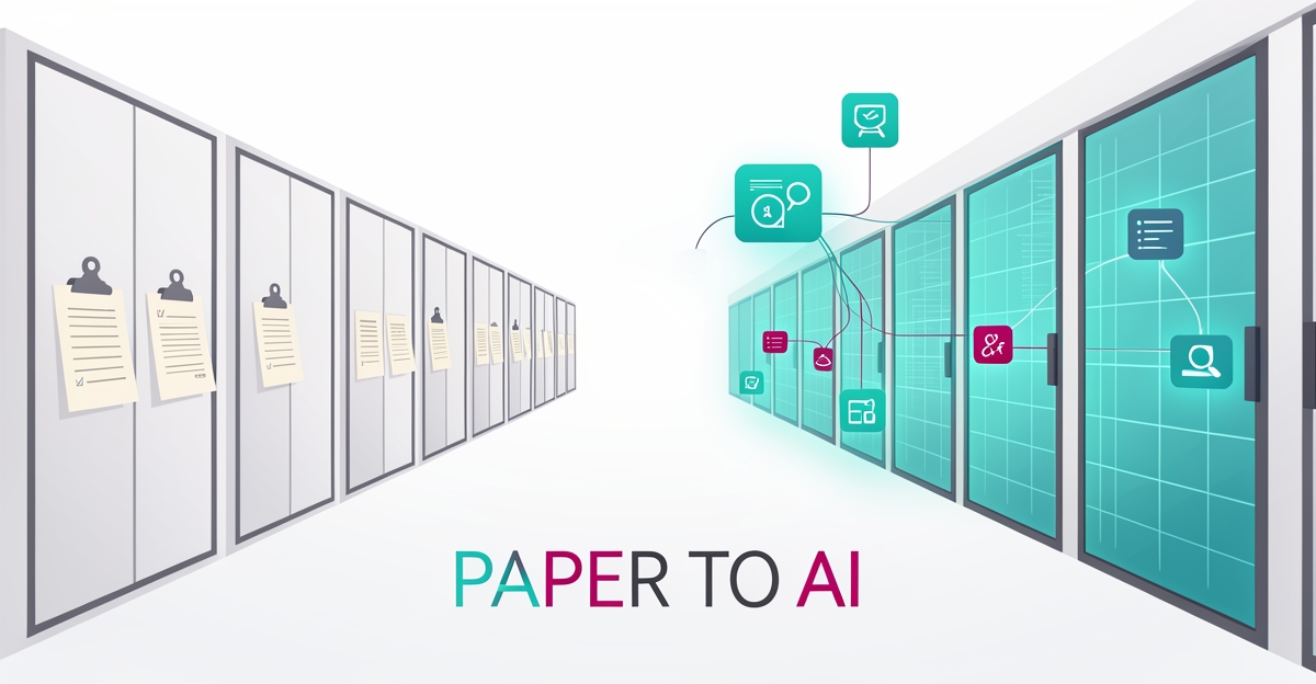 Flat illustration of storage units shifting from paper clipboards to AI-powered digital tracking with teal and magenta accents.